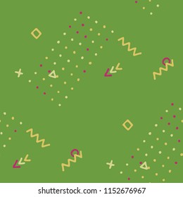 Modern Memphis Texture. Seamless Background for Wallpaper, Fabric, Swimwear in Trendy Style. Bright Geometric Pattern with Hand Drawn Scribble Elements. Colorful Triangles, Rings, Zigzags and Dots.