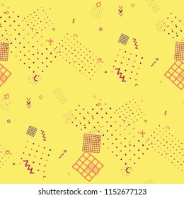 Modern Memphis Texture. Seamless Background for Banner, Fabric, Cloth in Trendy Style. Bright Geometric Pattern with Hand Drawn Scribble Elements. Colorful Triangles, Rings, Zigzags and Dots.