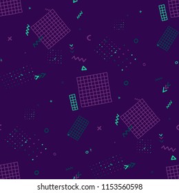 Modern Memphis Texture. Seamless Background for Wallpaper, Print, Textile in Trendy Style. Bright Geometric Pattern with Hand Drawn Scribble Elements. Colorful Triangles, Rings, Zigzags and Dots.