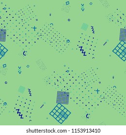 Modern Memphis Texture. Seamless Background for Card, Poster, Cover in Trendy Style. Bright Geometric Pattern with Hand Drawn Scribble Elements. Colorful Triangles, Rings, Zigzags and Dots.