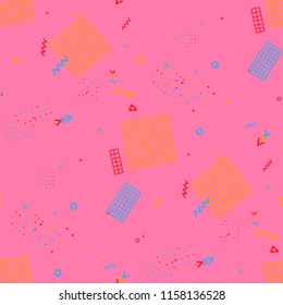 Modern Memphis Texture. Seamless Background for Wallpaper, Print, Textile in Trendy Style. Bright Geometric Pattern with Hand Drawn Scribble Elements. Colorful Triangles, Rings, Zigzags and Dots.
