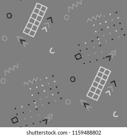 Modern Memphis Texture. Seamless Background for Wallpaper, Fabric, Swimwear in Trendy Style. Bright Geometric Pattern with Hand Drawn Scribble Elements. Colorful Triangles, Rings, Zigzags and Dots.