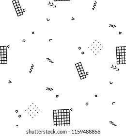 Modern Memphis Texture. Seamless Background for Banner, Poster, Cloth in Trendy Style. Bright Geometric Pattern with Hand Drawn Scribble Elements. Black and White Triangles, Zigzags and Dots.