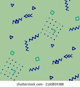 Modern Memphis Texture. Seamless Background for Wallpaper, Fabric, Swimwear in Trendy Style. Colorful Geometric Pattern with Hand Drawn Scribble Elements. Colorful Triangles, Rings, Zigzags and Dots.