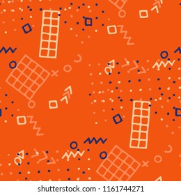 Modern Memphis Texture. Seamless Background for Card, Banner, Cover in Trendy Style. Bright Geometric Pattern with Hand Drawn Scribble Elements. Colorful Triangles, Rings, Zigzags and Dots.