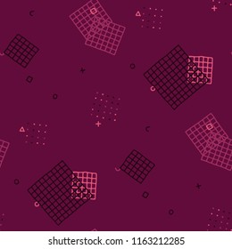 Modern Memphis Texture. Seamless Background for Card, Banner, Cover in Trendy Style. Bright Geometric Pattern with Hand Drawn Scribble Elements. Colorful Triangles, Rings, Zigzags and Dots.