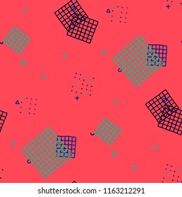 Modern Memphis Texture. Seamless Background for Wallpaper, Cotton, Swimwear in Trendy Style. Colorful Geometric Pattern with Hand Drawn Scribble Elements. Colorful Triangles, Rings, Zigzags and Dots.