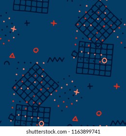 Modern Memphis Texture. Seamless Background for Card, Banner, Cover in Trendy Style. Colorful Geometric Pattern with Hand Drawn Scribble Elements. Colorful Triangles, Rings, Zigzags and Dots.