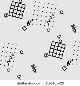 Modern Memphis Texture. Seamless Background for Banner, Poster, Cover in Trendy Style. Colorful Geometric Pattern with Hand Drawn Scribble Elements. Colorful Triangles, Rings, Zigzags and Dots.