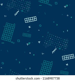 Modern Memphis Texture. Seamless Background for Wallpaper, Calico, Textile in Trendy Style. Bright Geometric Pattern with Hand Drawn Scribble Elements. Colorful Triangles, Rings, Zigzags and Dots.