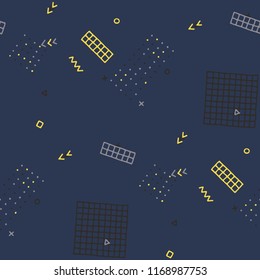Modern Memphis Texture. Seamless Background for Chintz, Cotton, Fabric in Trendy Style. Colorful Geometric Pattern with Hand Drawn Scribble Elements. Colorful Triangles, Rings, Zigzags and Dots.