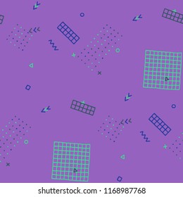 Modern Memphis Texture. Seamless Background for Wallpaper, Calico, Textile in Trendy Style. Colorful Geometric Pattern with Hand Drawn Scribble Elements. Colorful Triangles, Rings, Zigzags and Dots.