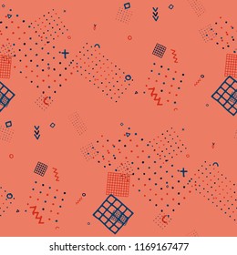 Modern Memphis Texture. Seamless Background for Chintz, Calico, Fabric in Trendy Style. Bright Geometric Pattern with Hand Drawn Scribble Elements. Colorful Triangles, Rings, Zigzags and Dots.
