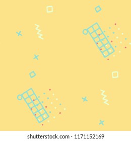 Modern Memphis Texture. Seamless Background for Wallpaper, Print, Textile in Trendy Style. Bright Geometric Pattern with Hand Drawn Scribble Elements. Colorful Triangles, Rings, Zigzags and Dots.