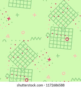 Modern Memphis Texture. Seamless Background for Chintz, Cotton, Swimwear in Trendy Style. Bright Geometric Pattern with Hand Drawn Scribble Elements. Colorful Triangles, Rings, Zigzags and Dots.