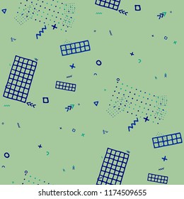 Modern Memphis Texture. Seamless Background for Chintz, Cotton, Swimwear in Trendy Style. Bright Geometric Pattern with Hand Drawn Scribble Elements. Colorful Triangles, Rings, Zigzags and Dots.