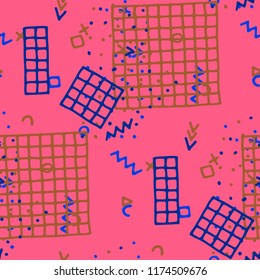 Modern Memphis Texture. Seamless Background for Card, Banner, Cover in Trendy Style. Colorful Geometric Pattern with Hand Drawn Scribble Elements. Colorful Triangles, Rings, Zigzags and Dots.