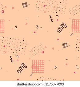 Modern Memphis Texture. Seamless Background for Card, Poster, Cover in Trendy Style. Bright Geometric Pattern with Hand Drawn Scribble Elements. Colorful Triangles, Rings, Zigzags and Dots.