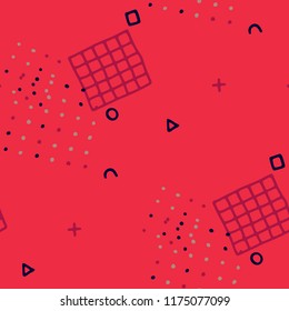 Modern Memphis Texture. Seamless Background for Wallpaper, Cotton, Swimwear in Trendy Style. Bright Geometric Pattern with Hand Drawn Scribble Elements. Colorful Triangles, Rings, Zigzags and Dots.