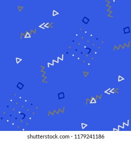 Modern Memphis Texture. Seamless Background for Wallpaper, Calico, Fabric in Trendy Style. Colorful Geometric Pattern with Hand Drawn Scribble Elements. Colorful Triangles, Rings, Zigzags and Dots.