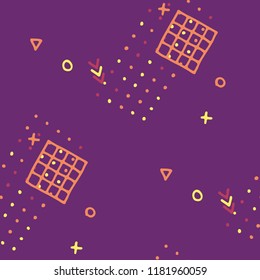 Modern Memphis Texture. Seamless Background for Wallpaper, Cotton, Swimwear in Trendy Style. Bright Geometric Pattern with Hand Drawn Scribble Elements. Colorful Triangles, Rings, Zigzags and Dots.