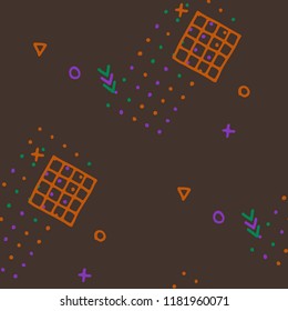 Modern Memphis Texture. Seamless Background for Card, Print, Textile in Trendy Style. Colorful Geometric Pattern with Hand Drawn Scribble Elements. Colorful Triangles, Rings, Zigzags and Dots.