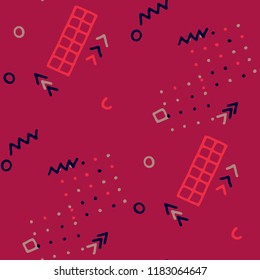 Modern Memphis Texture. Seamless Background for Card, Poster, Cover in Trendy Style. Bright Geometric Pattern with Hand Drawn Scribble Elements. Colorful Triangles, Rings, Zigzags and Dots.