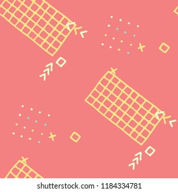Modern Memphis Texture. Seamless Background for Wallpaper, Cotton, Swimwear in Trendy Style. Colorful Geometric Pattern with Hand Drawn Scribble Elements. Colorful Triangles, Rings, Zigzags and Dots.