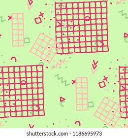 Modern Memphis Texture. Seamless Background for Wallpaper, Calico, Textile in Trendy Style. Bright Geometric Pattern with Hand Drawn Scribble Elements. Colorful Triangles, Rings, Zigzags and Dots.