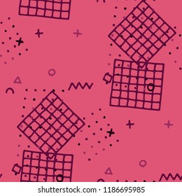 Modern Memphis Texture. Seamless Background for Chintz, Calico, Fabric in Trendy Style. Colorful Geometric Pattern with Hand Drawn Scribble Elements. Colorful Triangles, Rings, Zigzags and Dots.
