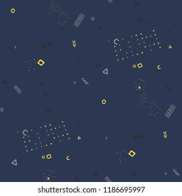 Modern Memphis Texture. Seamless Background for Chintz, Calico, Fabric in Trendy Style. Colorful Geometric Pattern with Hand Drawn Scribble Elements. Colorful Triangles, Rings, Zigzags and Dots.