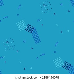 Modern Memphis Texture. Seamless Background for Banner, Poster, Cover in Trendy Style. Bright Geometric Pattern with Hand Drawn Scribble Elements. Colorful Triangles, Rings, Zigzags and Dots.