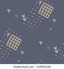 Modern Memphis Texture. Seamless Background for Wallpaper, Calico, Fabric in Trendy Style. Bright Geometric Pattern with Hand Drawn Scribble Elements. Colorful Triangles, Rings, Zigzags and Dots.