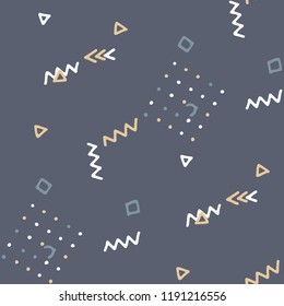 Modern Memphis Texture. Seamless Background for Banner, Poster, Cloth in Trendy Style. Colorful Geometric Pattern with Hand Drawn Scribble Elements. Colorful Triangles, Rings, Zigzags and Dots.