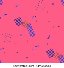 Modern Memphis Texture. Seamless Background for Wallpaper, Calico, Fabric in Trendy Style. Colorful Geometric Pattern with Hand Drawn Scribble Elements. Colorful Triangles, Rings, Zigzags and Dots.