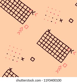 Modern Memphis Texture. Seamless Background for Chintz, Calico, Fabric in Trendy Style. Colorful Geometric Pattern with Hand Drawn Scribble Elements. Colorful Triangles, Rings, Zigzags and Dots.