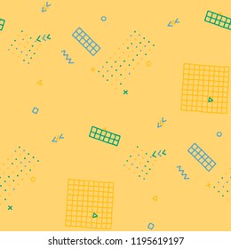 Modern Memphis Texture. Seamless Background for Banner, Poster, Cover in Trendy Style. Colorful Geometric Pattern with Hand Drawn Scribble Elements. Colorful Triangles, Rings, Zigzags and Dots.