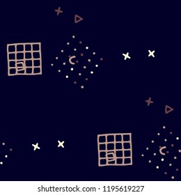 Modern Memphis Texture. Seamless Background for Wallpaper, Calico, Fabric in Trendy Style. Bright Geometric Pattern with Hand Drawn Scribble Elements. Colorful Triangles, Rings, Zigzags and Dots.