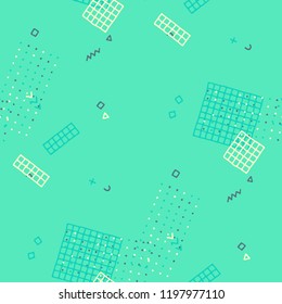 Modern Memphis Texture. Seamless Background for Wallpaper, Calico, Textile in Trendy Style. Colorful Geometric Pattern with Hand Drawn Scribble Elements. Colorful Triangles, Rings, Zigzags and Dots.