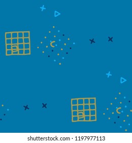 Modern Memphis Texture. Seamless Background for Card, Poster, Cover in Trendy Style. Colorful Geometric Pattern with Hand Drawn Scribble Elements. Colorful Triangles, Rings, Zigzags and Dots.