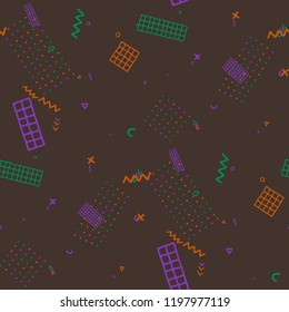 Modern Memphis Texture. Seamless Background for Wallpaper, Fabric, Swimwear in Trendy Style. Bright Geometric Pattern with Hand Drawn Scribble Elements. Colorful Triangles, Rings, Zigzags and Dots.