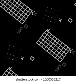 Modern Memphis Texture. Seamless Background for Wallpaper, Fabric, Cloth in Trendy Style. Bright Geometric Pattern with Hand Drawn Scribble Elements. Colorful Triangles, Rings, Zigzags and Dots.