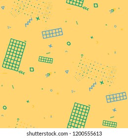 Modern Memphis Texture. Seamless Background for Wallpaper, Fabric, Swimwear in Trendy Style. Bright Geometric Pattern with Hand Drawn Scribble Elements. Colorful Triangles, Rings, Zigzags and Dots.