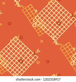 Modern Memphis Texture. Seamless Background for Wallpaper, Fabric, Cloth in Trendy Style. Colorful Geometric Pattern with Hand Drawn Scribble Elements. Colorful Triangles, Rings, Zigzags and Dots.