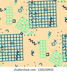 Modern Memphis Texture. Seamless Background for Card, Poster, Cover in Trendy Style. Bright Geometric Pattern with Hand Drawn Scribble Elements. Colorful Triangles, Rings, Zigzags and Dots.