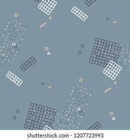 Modern Memphis Texture. Seamless Background for Wallpaper, Fabric, Cloth in Trendy Style. Bright Geometric Pattern with Hand Drawn Scribble Elements. Colorful Triangles, Rings, Zigzags and Dots.