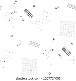 Modern Memphis Texture. Seamless Background for Wallpaper, Print, Textile in Trendy Style. Bright Geometric Pattern with Hand Drawn Scribble Elements. Colorful Triangles, Rings, Zigzags and Dots.