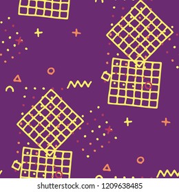 Modern Memphis Texture. Seamless Background for Wallpaper, Calico, Fabric in Trendy Style. Colorful Geometric Pattern with Hand Drawn Scribble Elements. Colorful Triangles, Rings, Zigzags and Dots.