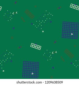 Modern Memphis Texture. Seamless Background for Wallpaper, Fabric, Swimwear in Trendy Style. Bright Geometric Pattern with Hand Drawn Scribble Elements. Colorful Triangles, Rings, Zigzags and Dots.