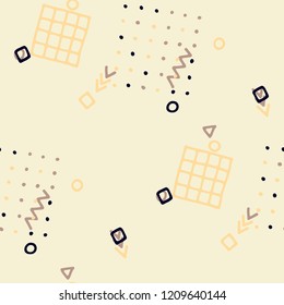 Modern Memphis Texture. Seamless Background for Card, Print, Textile in Trendy Style. Colorful Geometric Pattern with Hand Drawn Scribble Elements. Colorful Triangles, Rings, Zigzags and Dots.